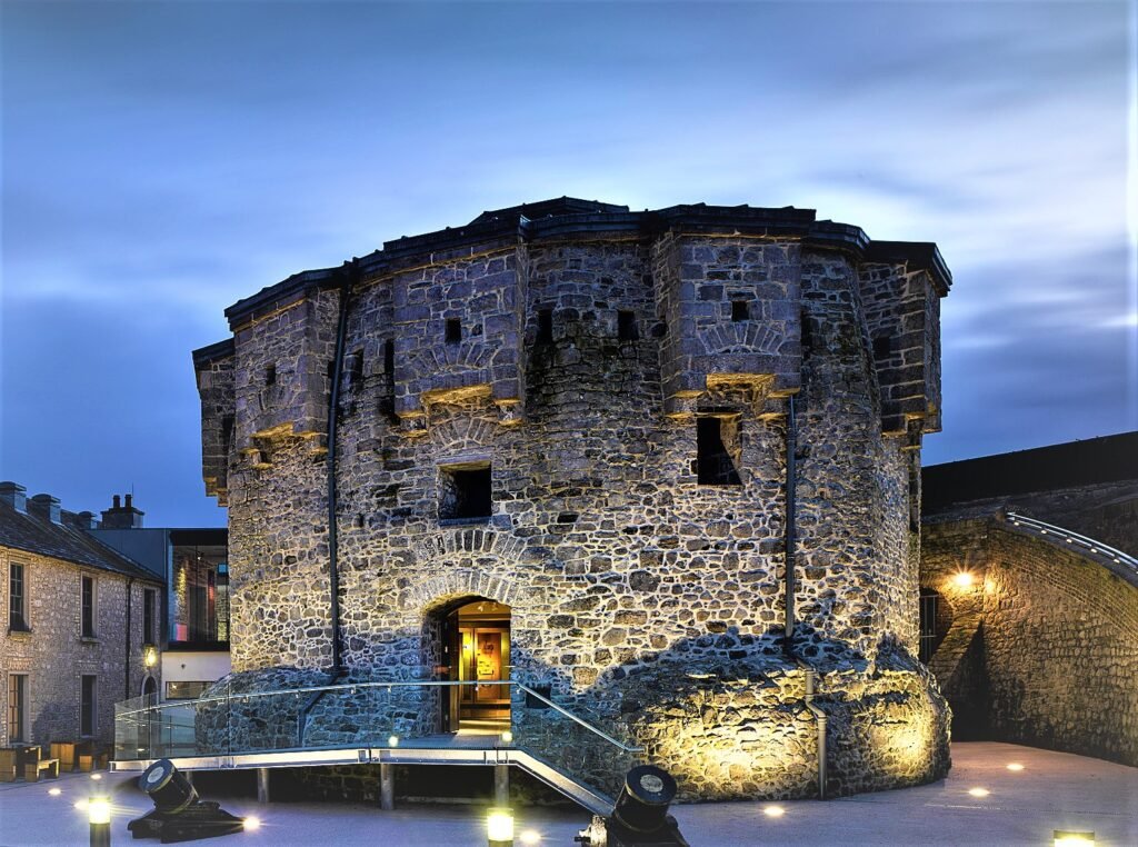 Athlone Castle at night lit up